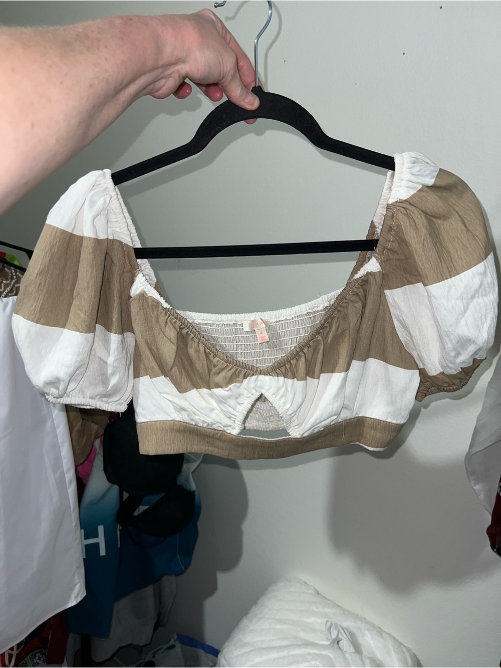 Luxxel Beige and White Striped Puff Sleeve Crop Top